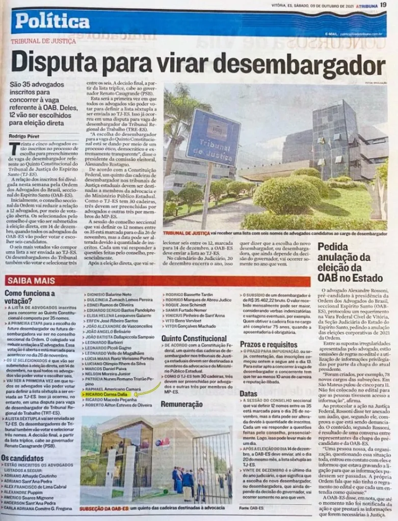 Página do jornal A Tribuna com a matéria “Disputa para virar desembargador”